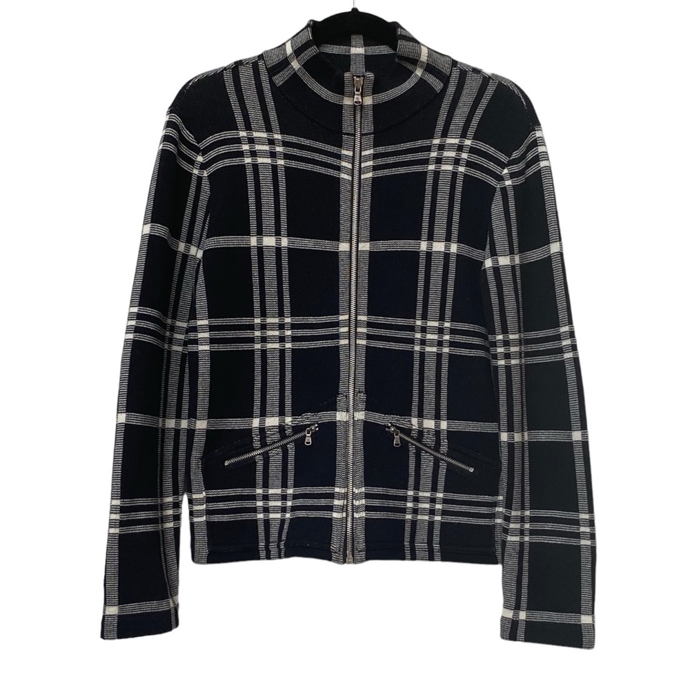 LRL Ralph Lauren Black White Knit Plaid Zip Cardigan Sweater size XL